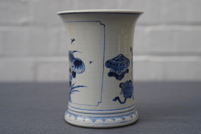 A Chinese blue and white brush pot with 'antiquities' design, Kangxi
